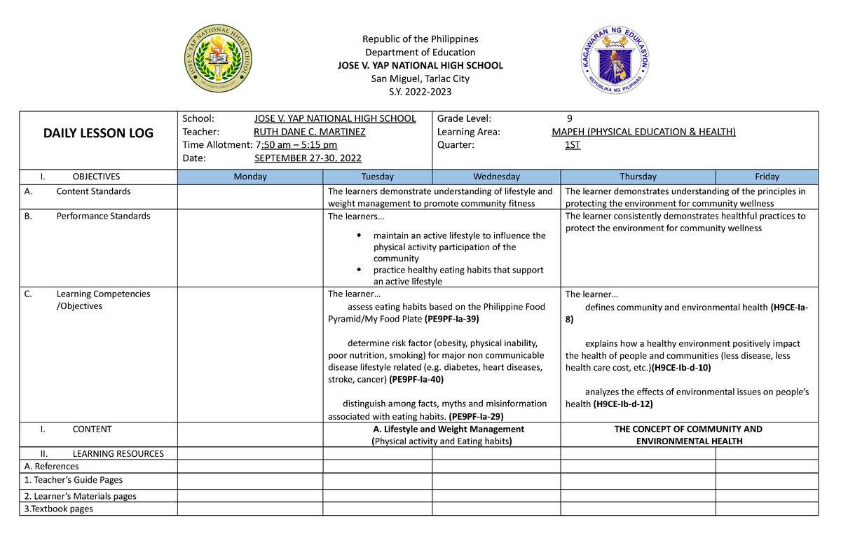 DLL- Mapeh-6th WEEK - MAPEH 9 - 1ST QUARTER - Department of Education ...