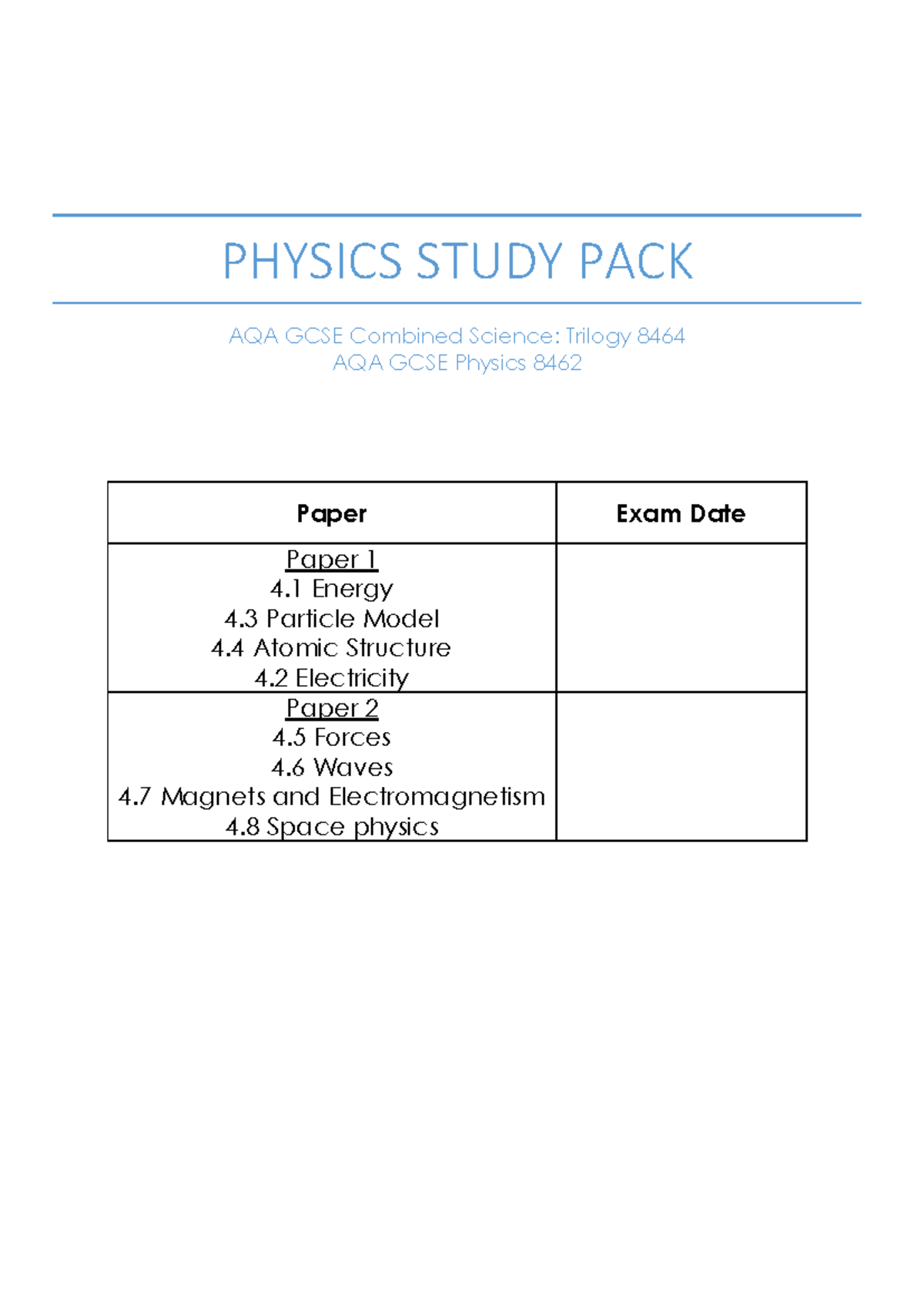 Physics Study Pack - Physic workbook - PHYSICS STUDY PACK AQA GCSE ...