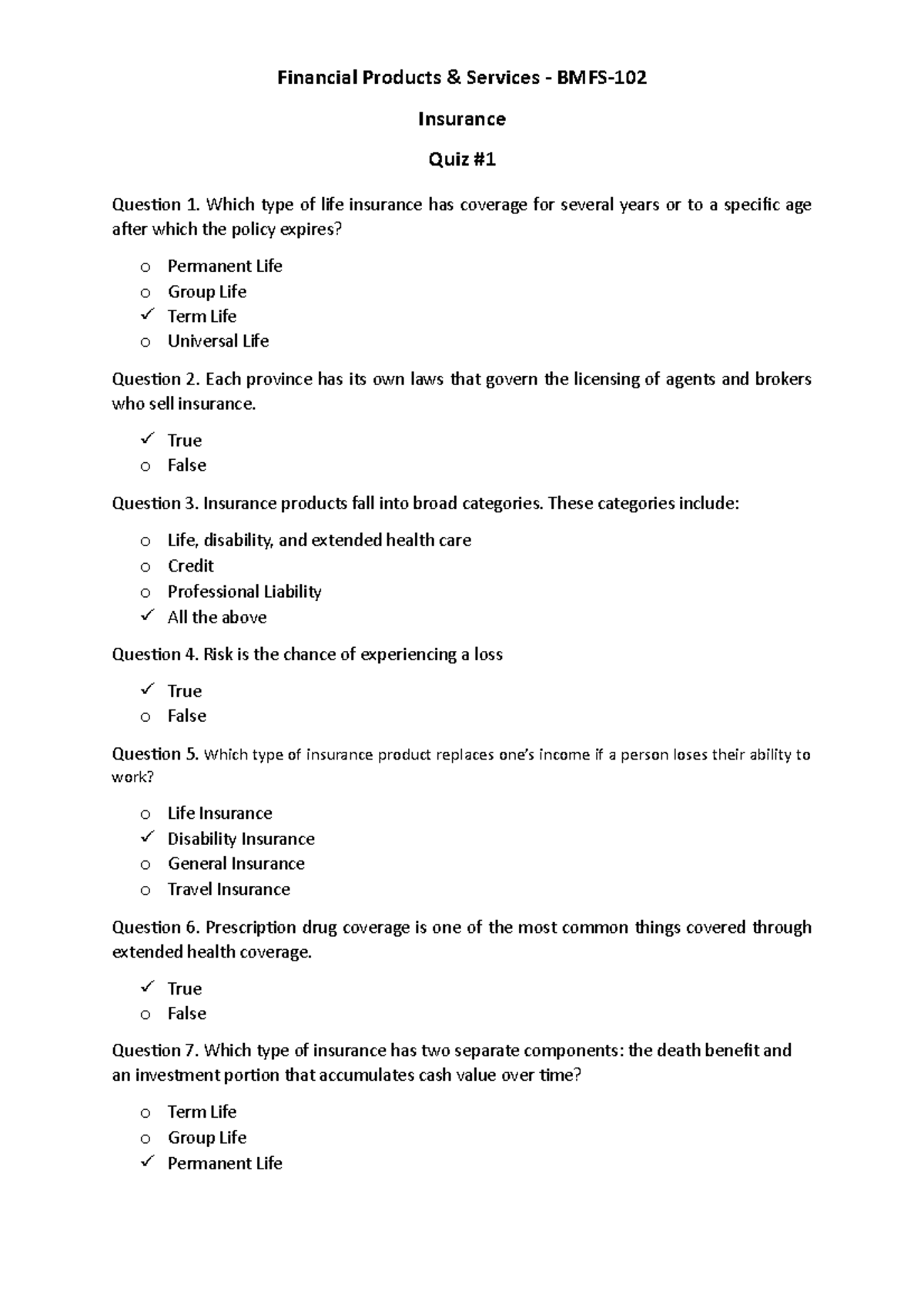 BMFS-102 Quiz 1 - Insurance - Financial Products & Services - BMFS ...