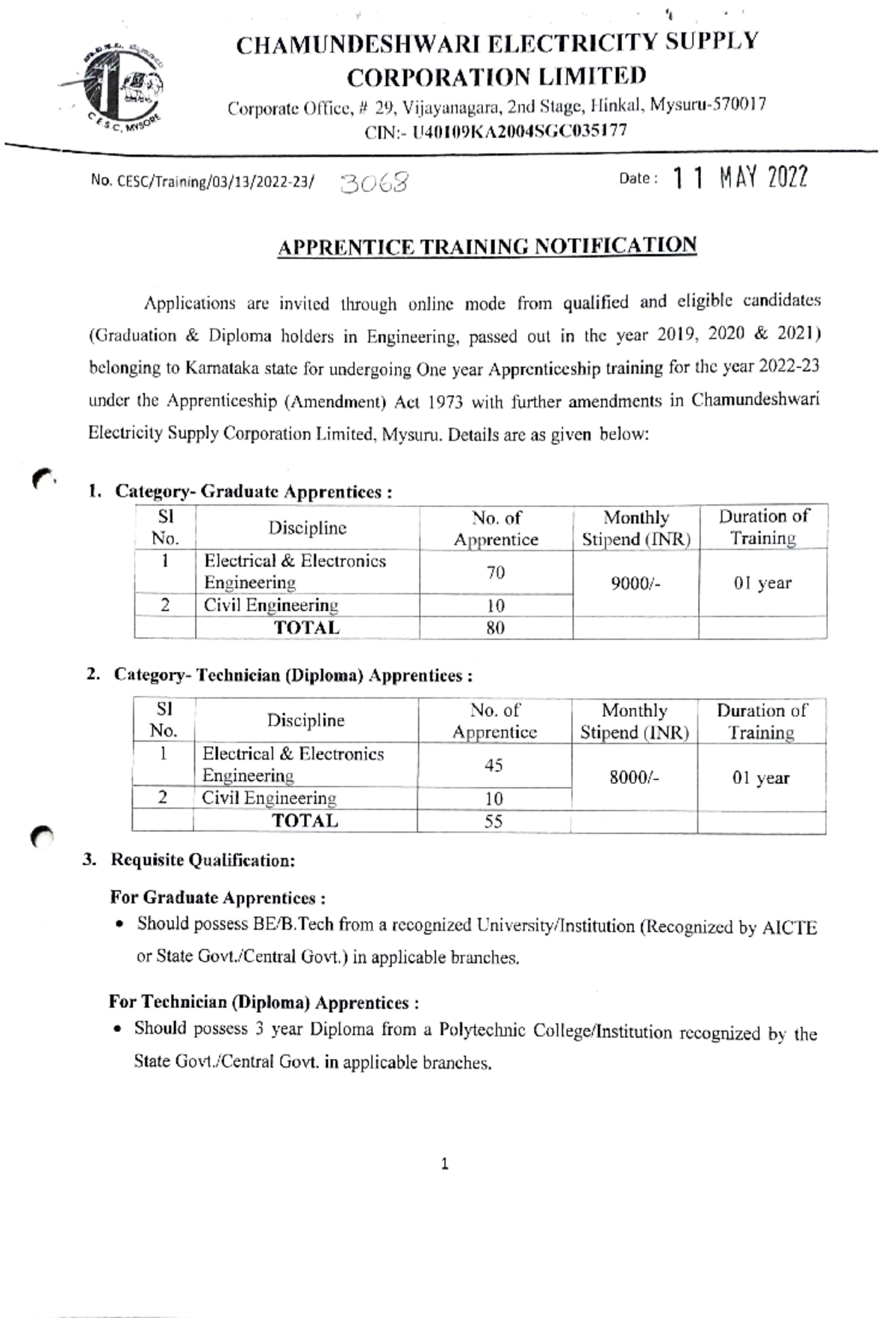 CE SC Mysore Recruitment 2022 Notification CHAMUNDESHWARI ELECTRICITY