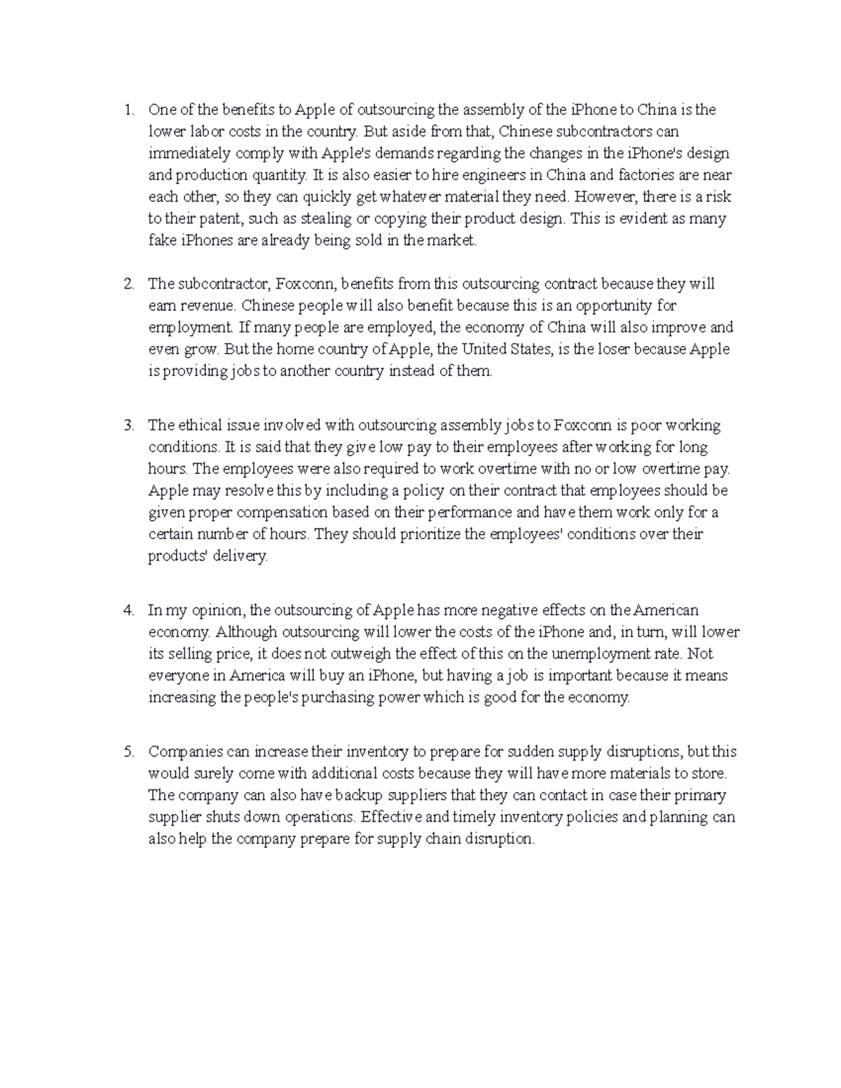 Molina Apple FDI One of the benefits to Apple of outsourcing the