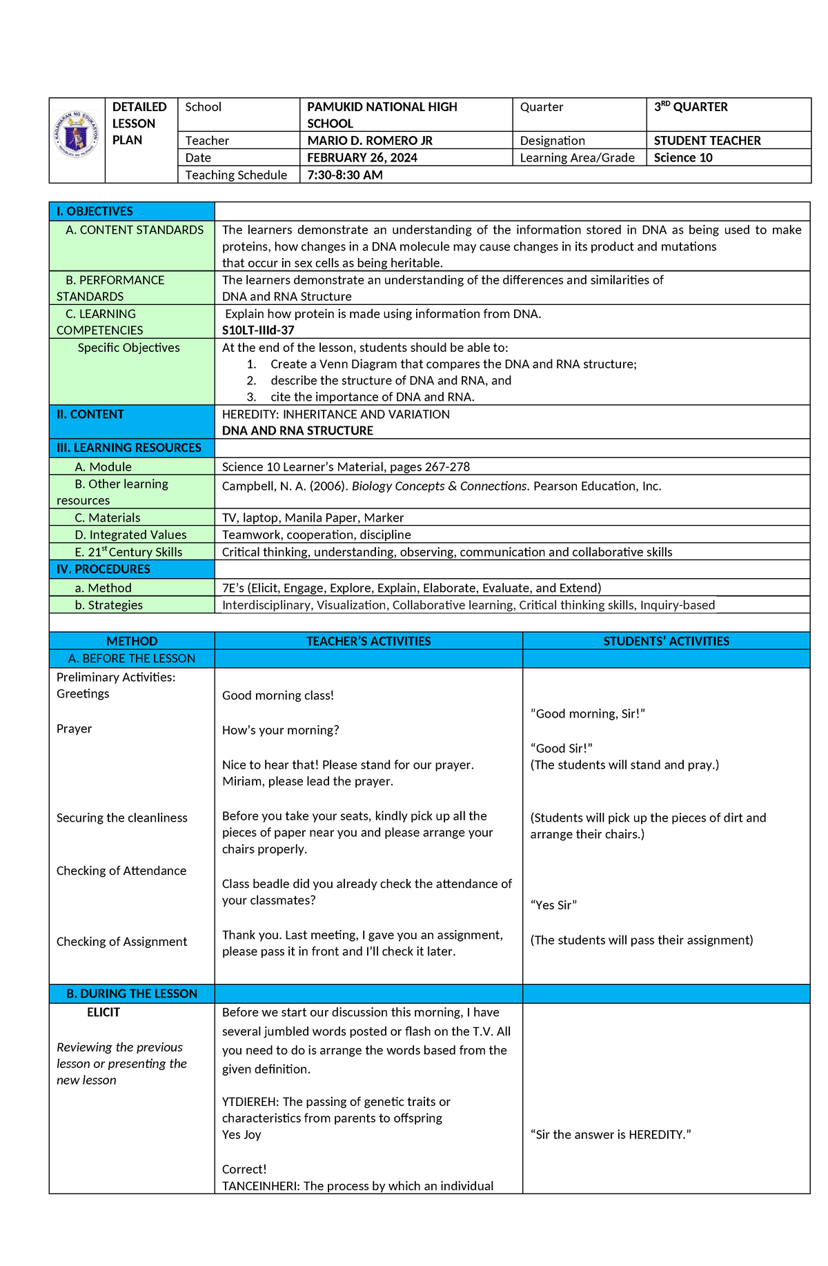 DNA and RNA Structure - DNA and RNA - DETAILED LESSON PLAN School ...