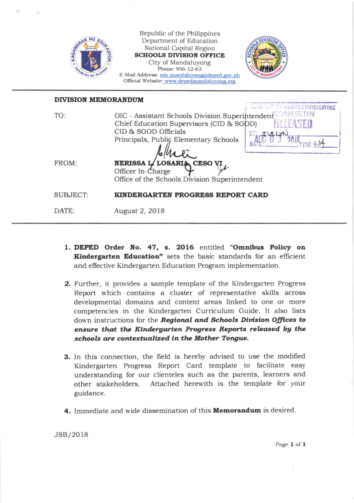 1808027. Kindergarten Progress Report CARD ',ffi Republic of the