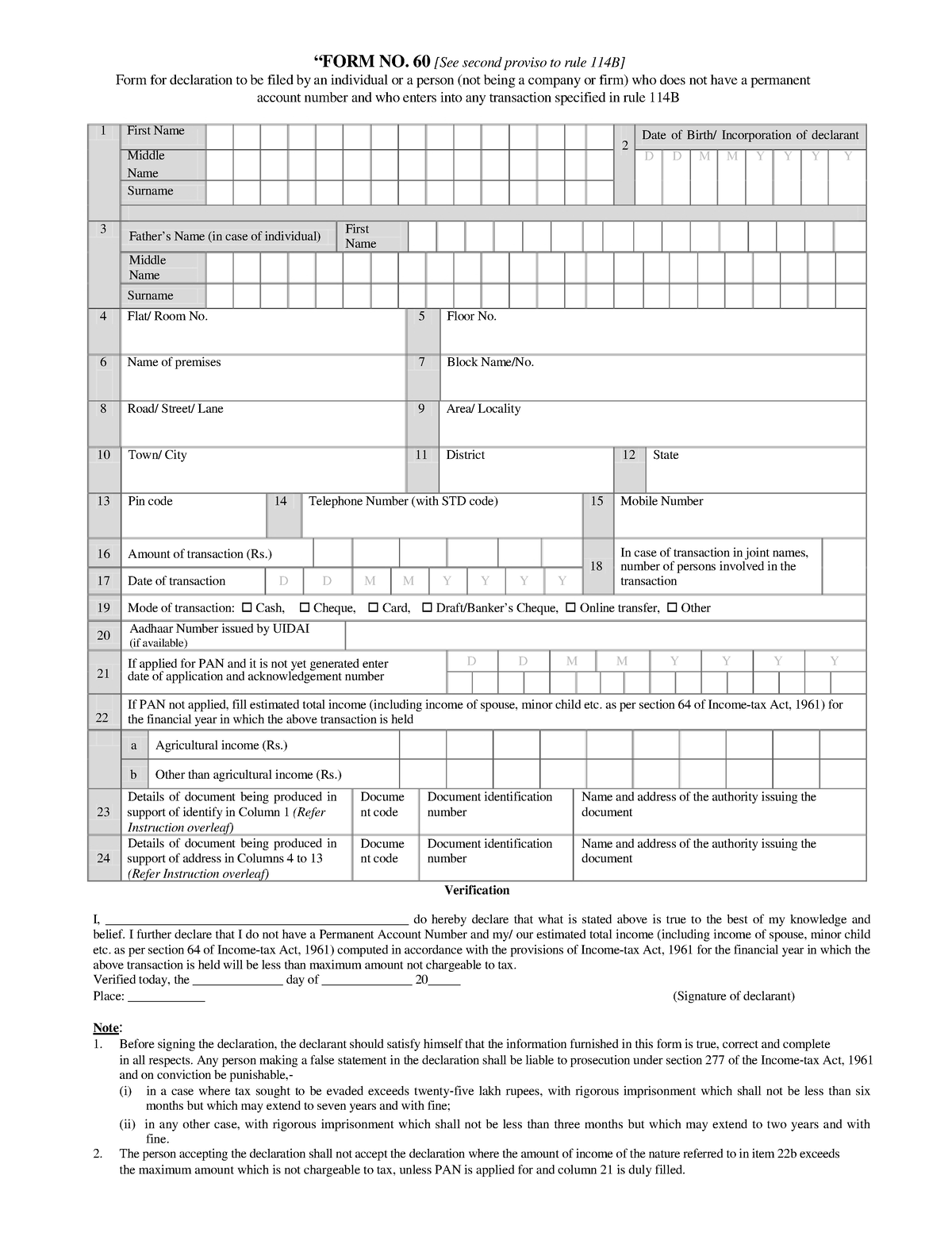 Form 60 - “form No. 60 [see Second Proviso To Rule 114b] Form For 