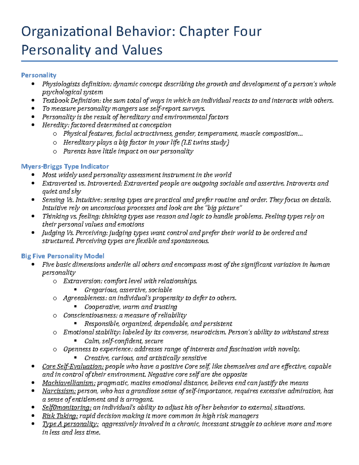 Organizational Behavior Chapter 4 Outline - Organizational Behavior ...