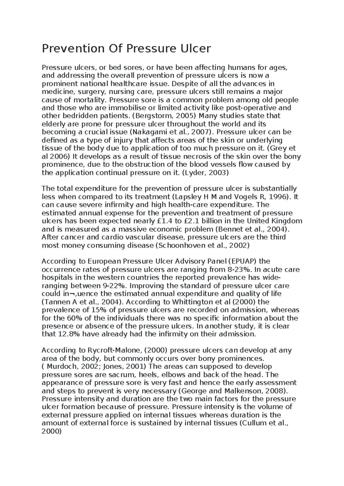 Prevention Of Pressure Ulcer essay Prevention Of Pressure Ulcer