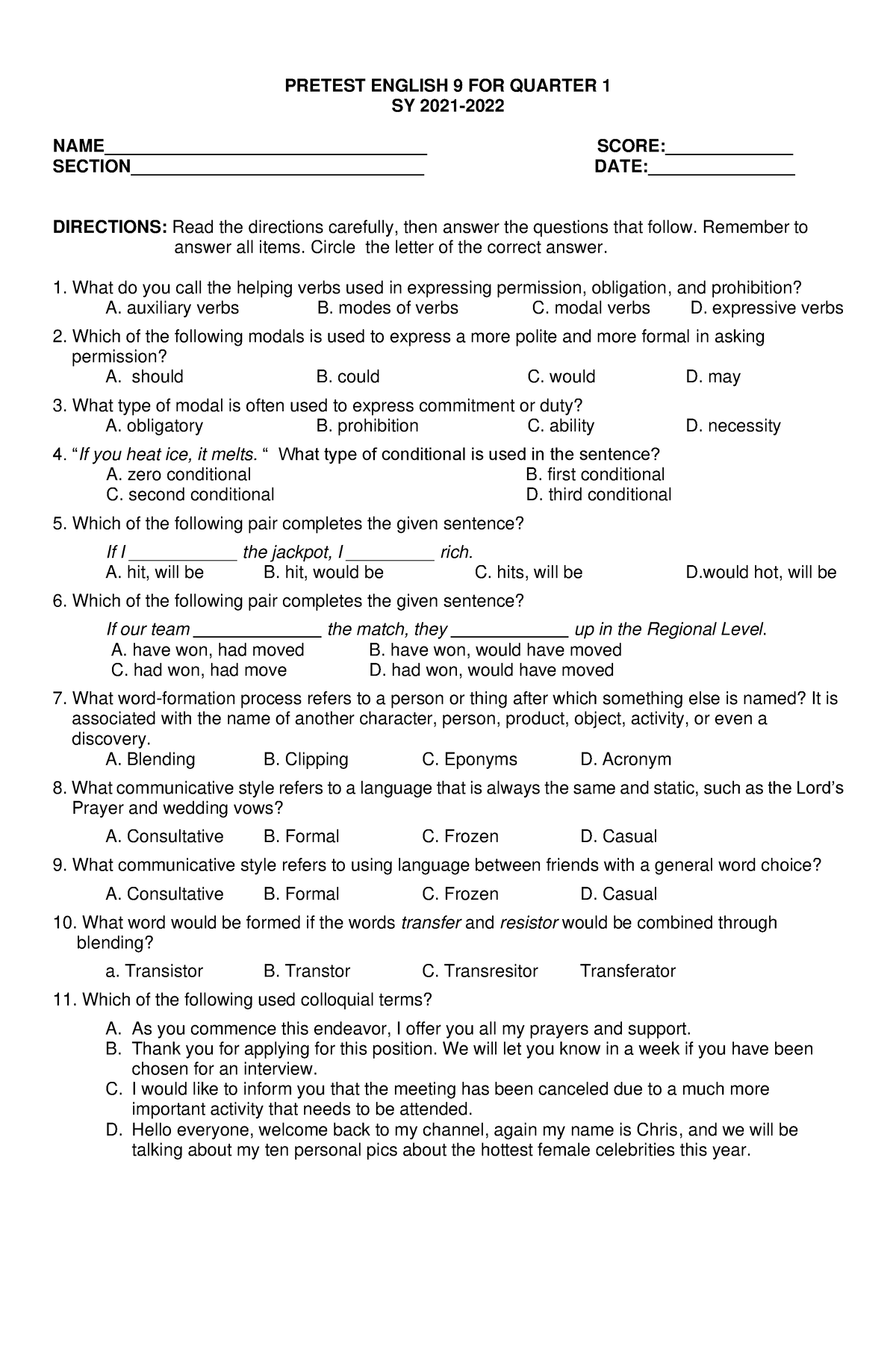 English 9 Pretest Q1 Pre Test PRETEST ENGLISH 9 FOR QUARTER 1 SY 