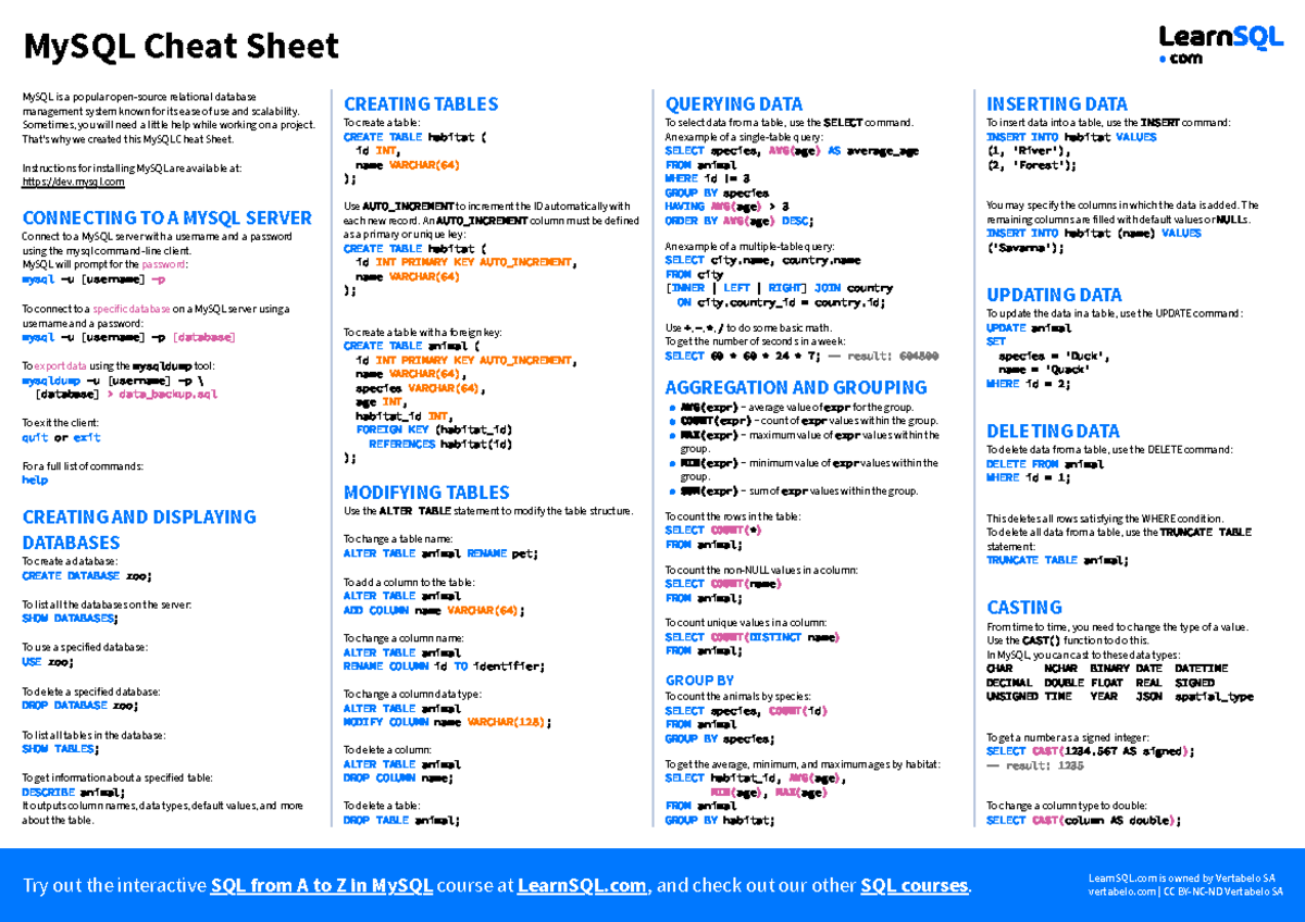 Mysql cheat sheet a4 - MySQL Cheat Sheet MySQL is a popular open-source ...