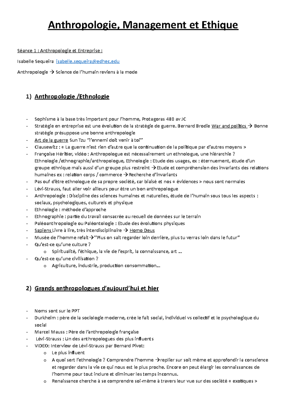 Anthropologie Management et Ethique Cours Anthropologie, Management