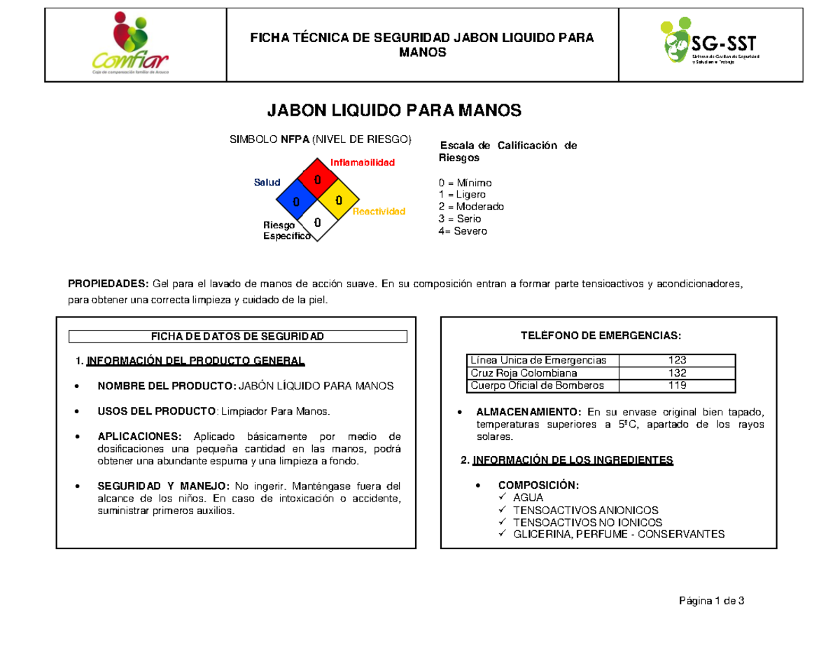 7.7 HS Jabon liquido manos - FICHA TÉCNICA DE SEGURIDAD JABON LIQUIDO