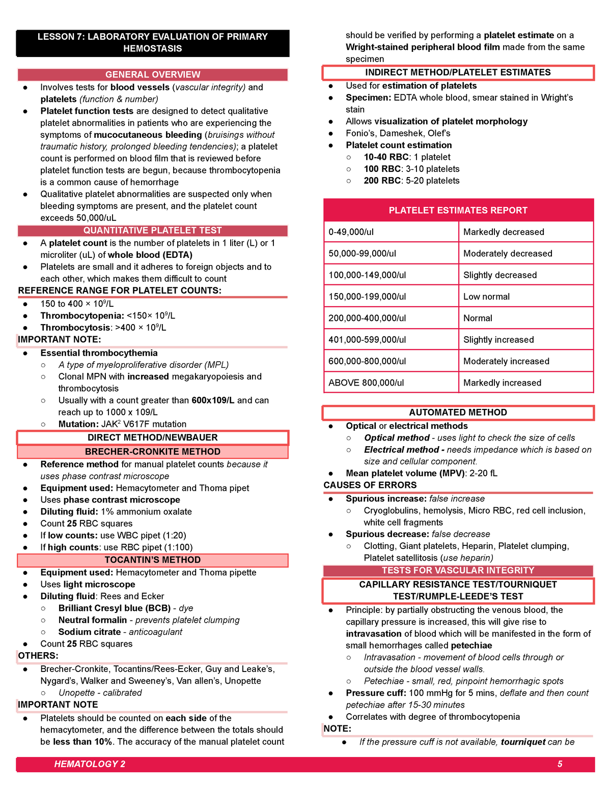 HEMA 2 Midterm LEC 5 8 - none - Hematology 2 - OLFU - Studocu