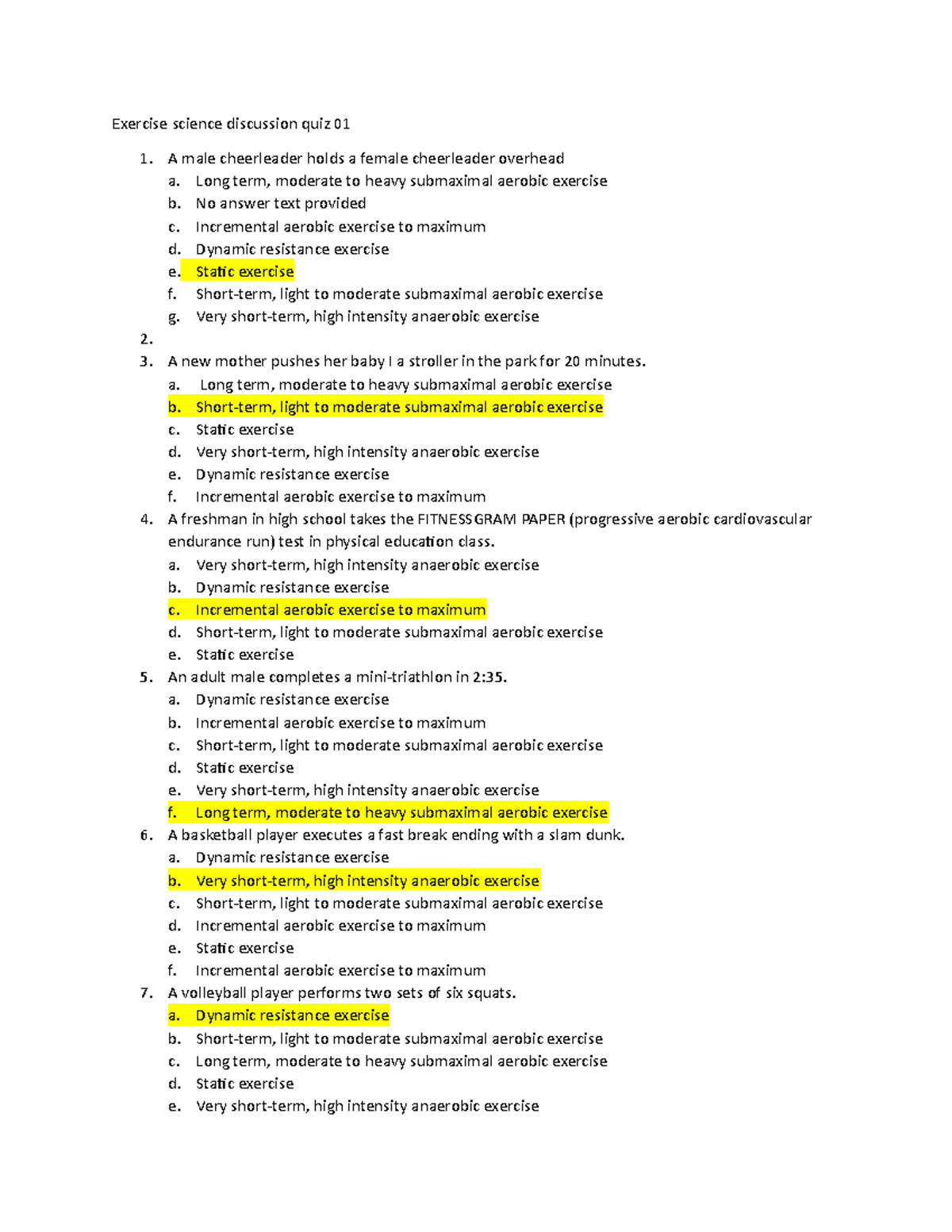 Exercise science notes - Exercise science discussion quiz 01 A male ...