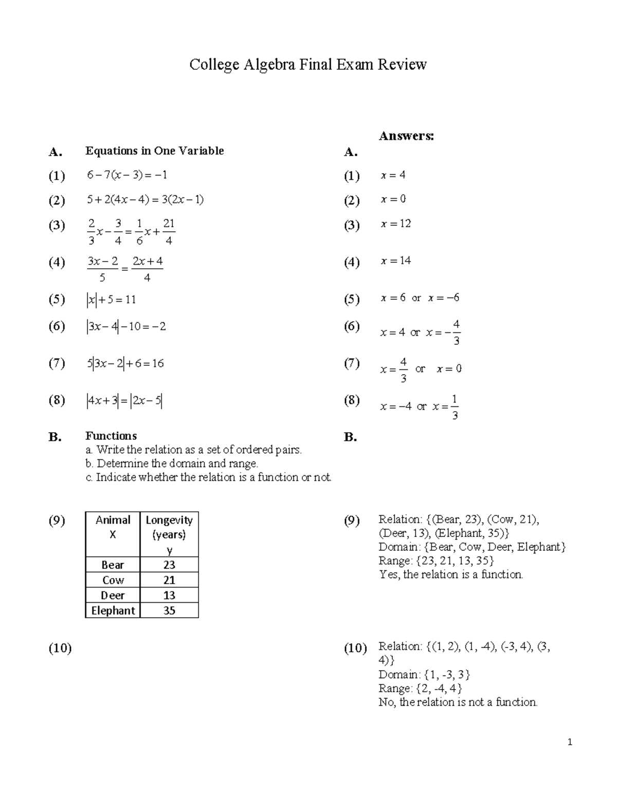 College Algebra Final Review Sheet - College Algebra Final Exam Review ...