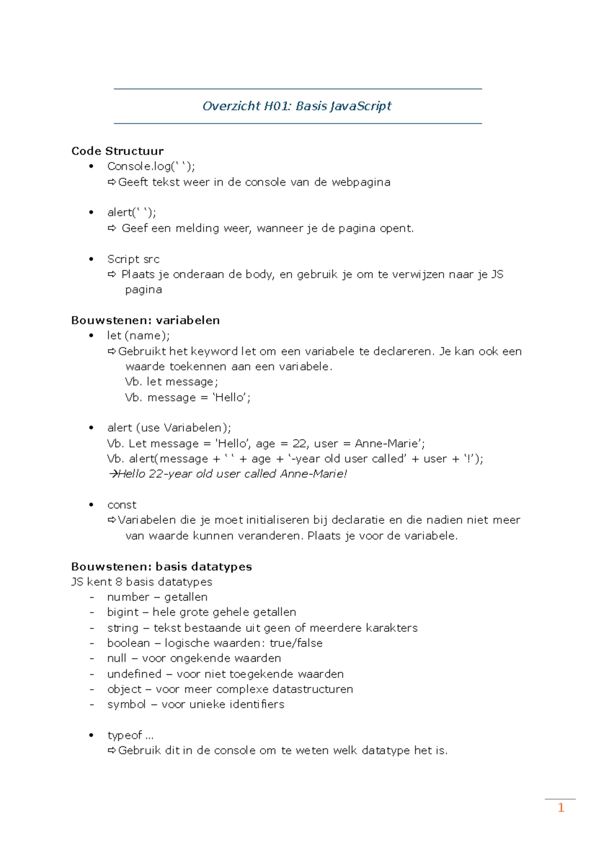 Overzicht H01 - 1 Overzicht H01: Basis JavaScript Code Structuur ...