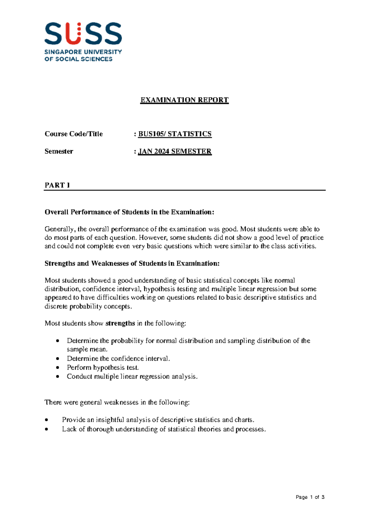 BUS105 Examination Report Jan 2024 Semester - Page 1 of 3 EXAMINATION ...