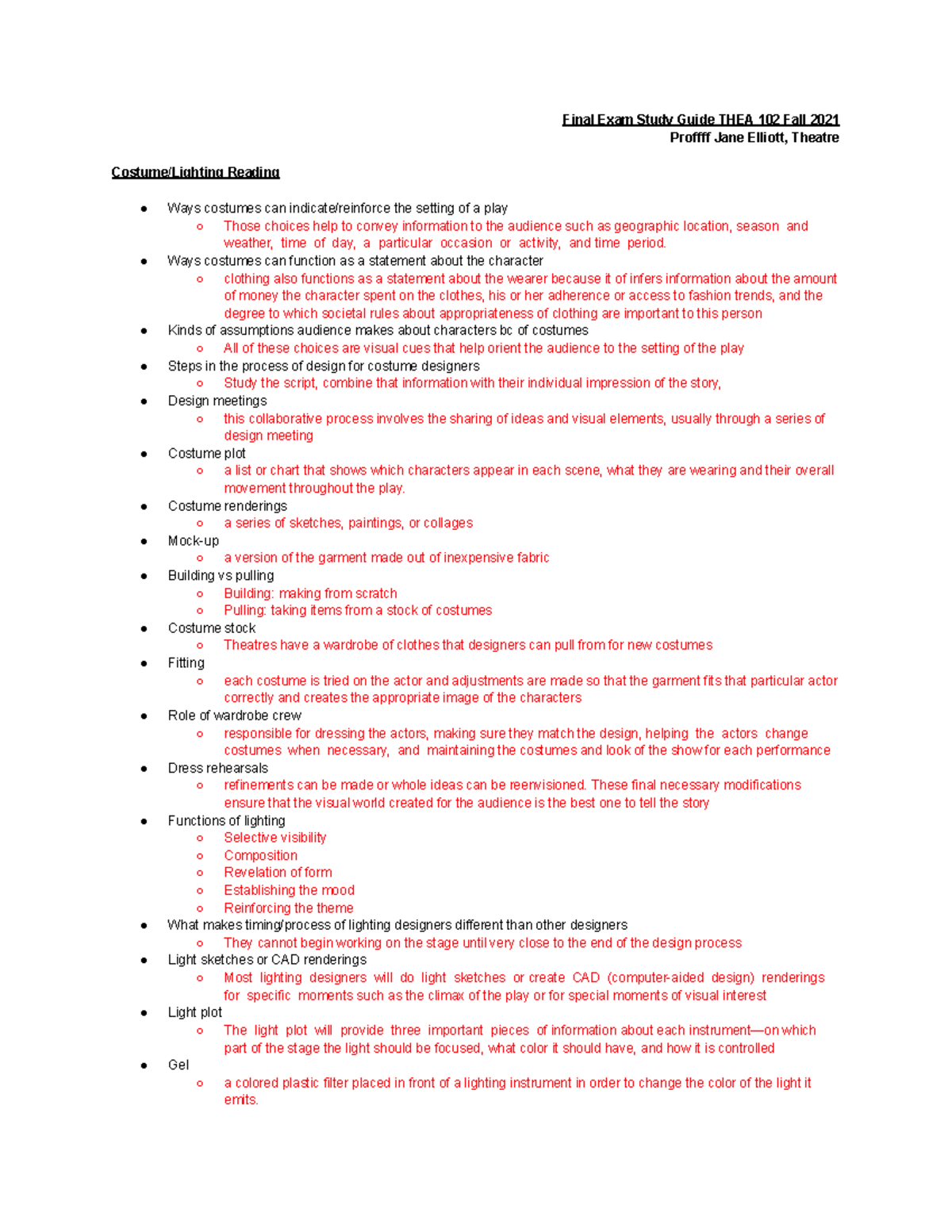 THEA Final Study Guide - Final Exam Study Guide THEA 102 Fall 2021 ...