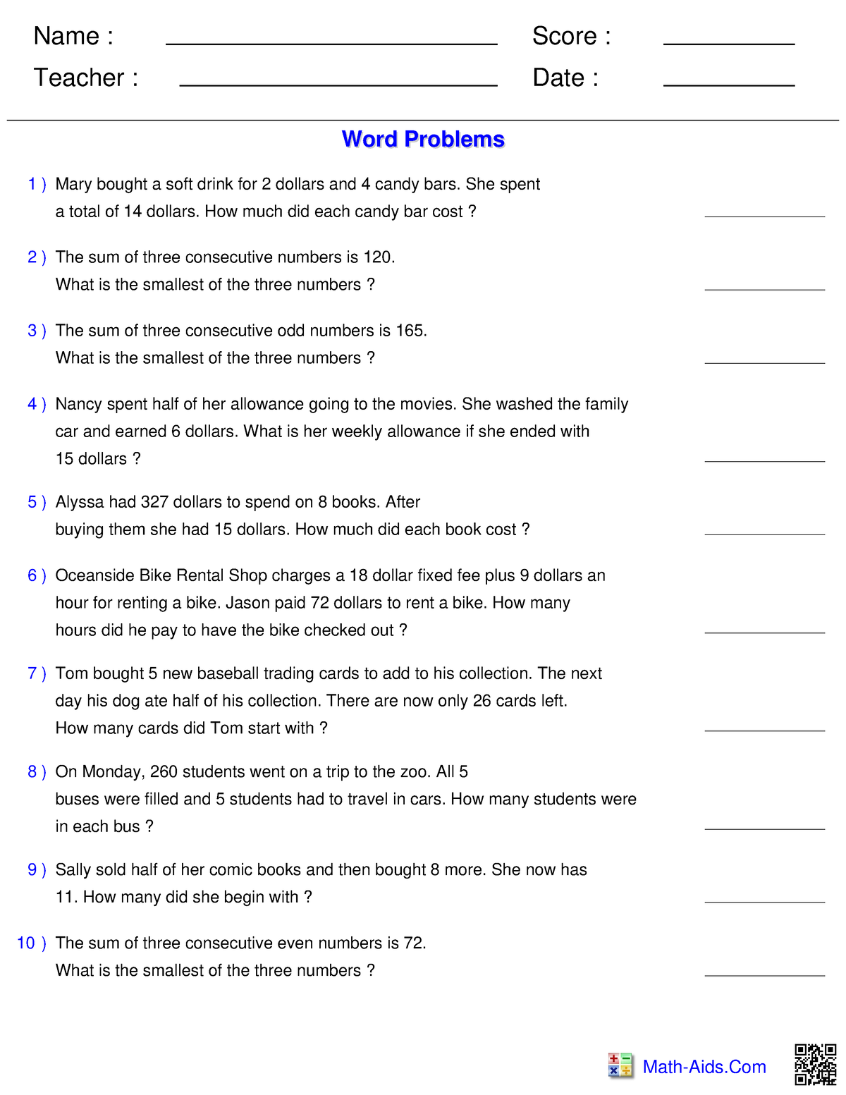 Pre-algebra equations two word - Name : Teacher : Date : Score : Math ...