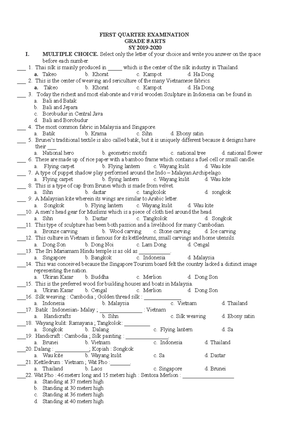 1st Periodic Test - Mapeh 8 - FIRST QUARTER EXAMINATION GRADE 8 ARTS SY ...