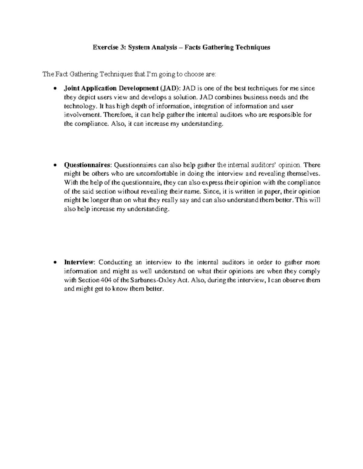 Exercise 3 - System Analysis - JAD combines business needs and the ...