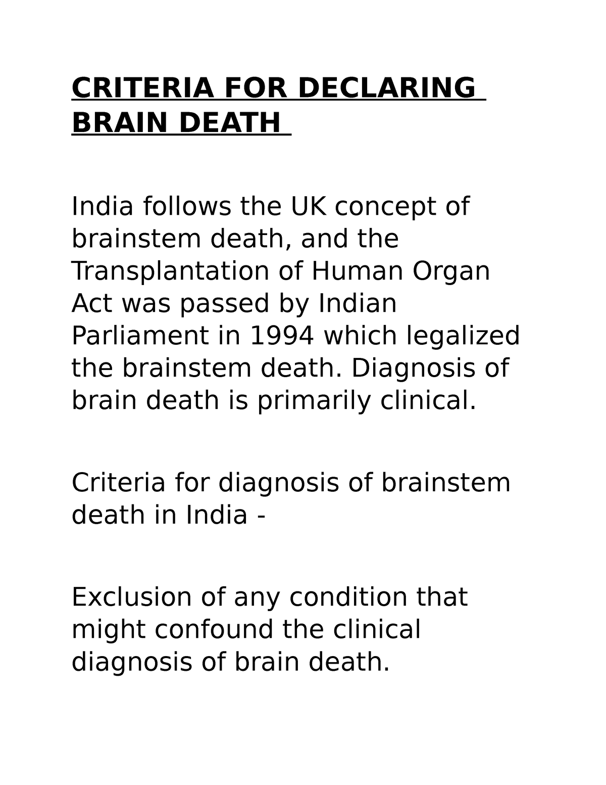 Criteria for declaring brain death - Medical Zoology - Studocu