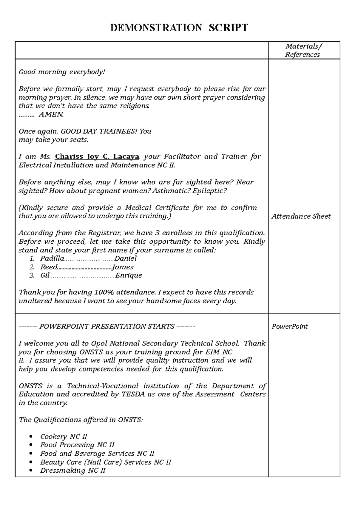 Demonstration script electrical installation and maintenance nc ii ...