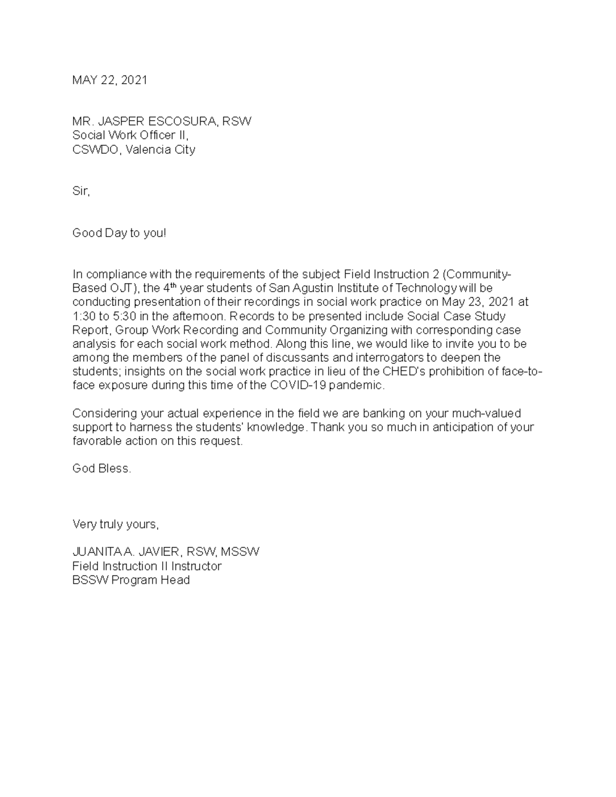 Letter FOR Panelist CASE Analysis - MAY 22, 2021 MR. JASPER ESCOSURA ...