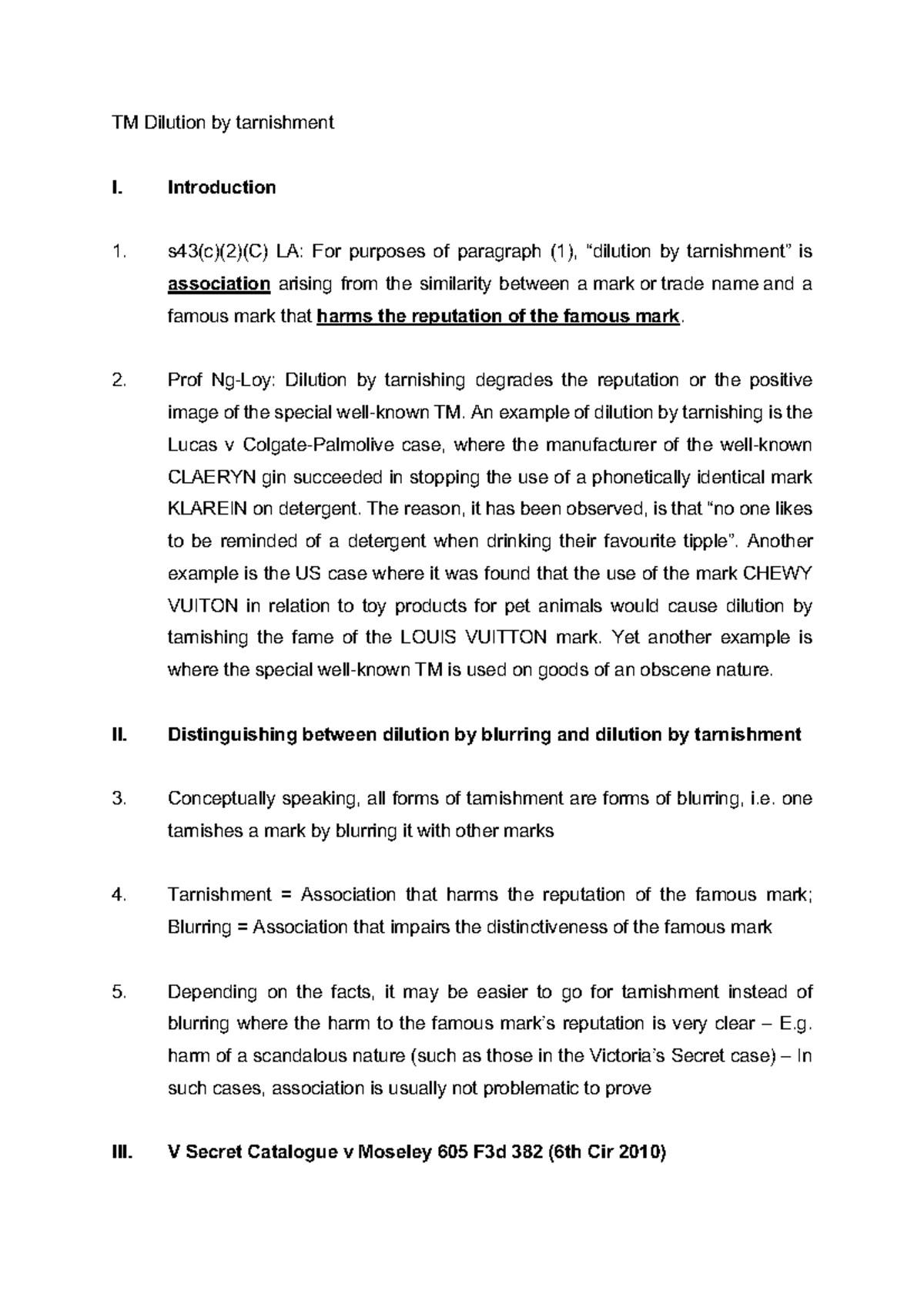 TM Law Dilution Tarnishment TM Dilution by tarnishment I. Introduction s43(c)(2)(C) LA