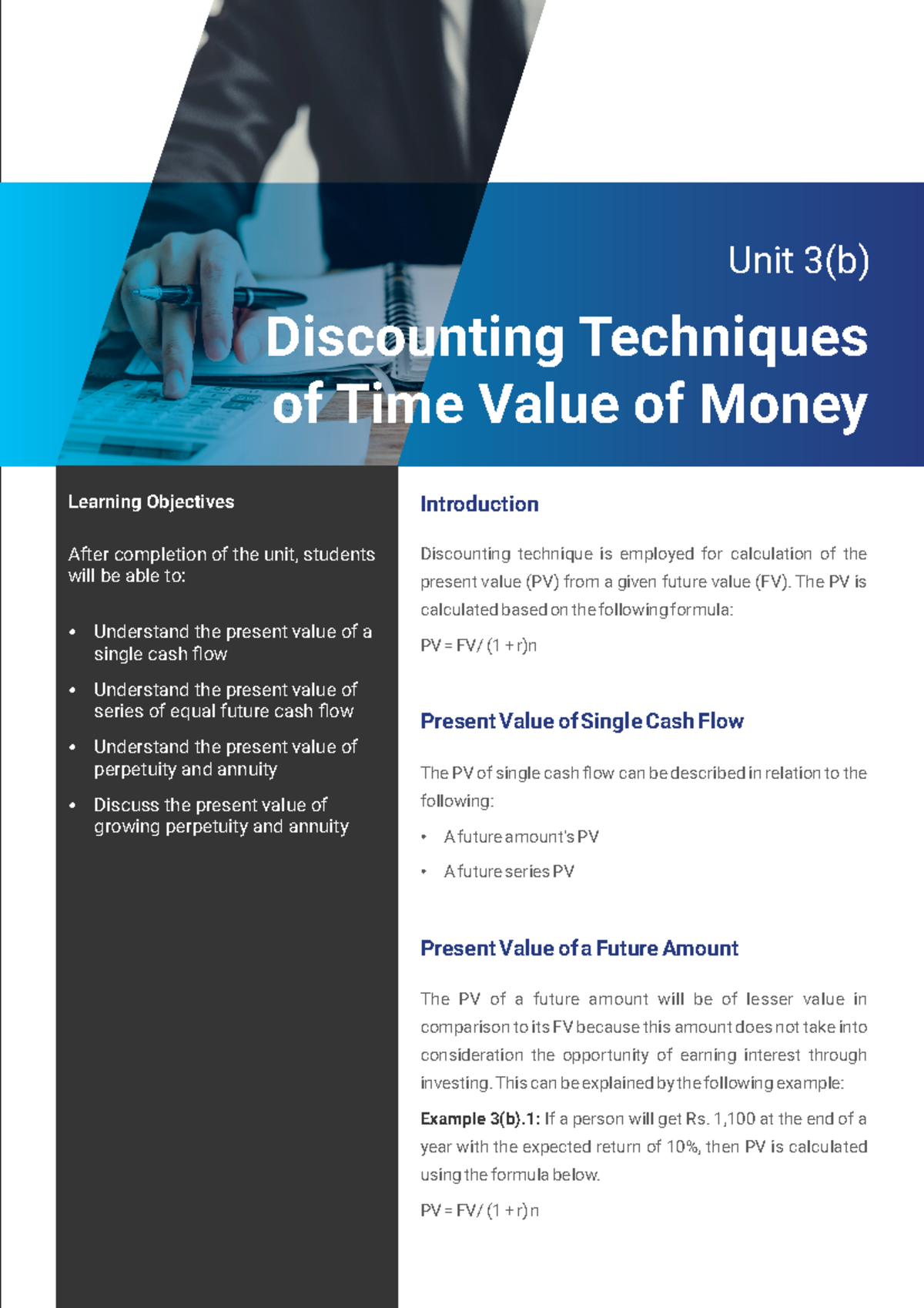 FM Unit 3(b) SLM - Taught By Dr. Kabir - Unit 3(b) Learning Objectives ...