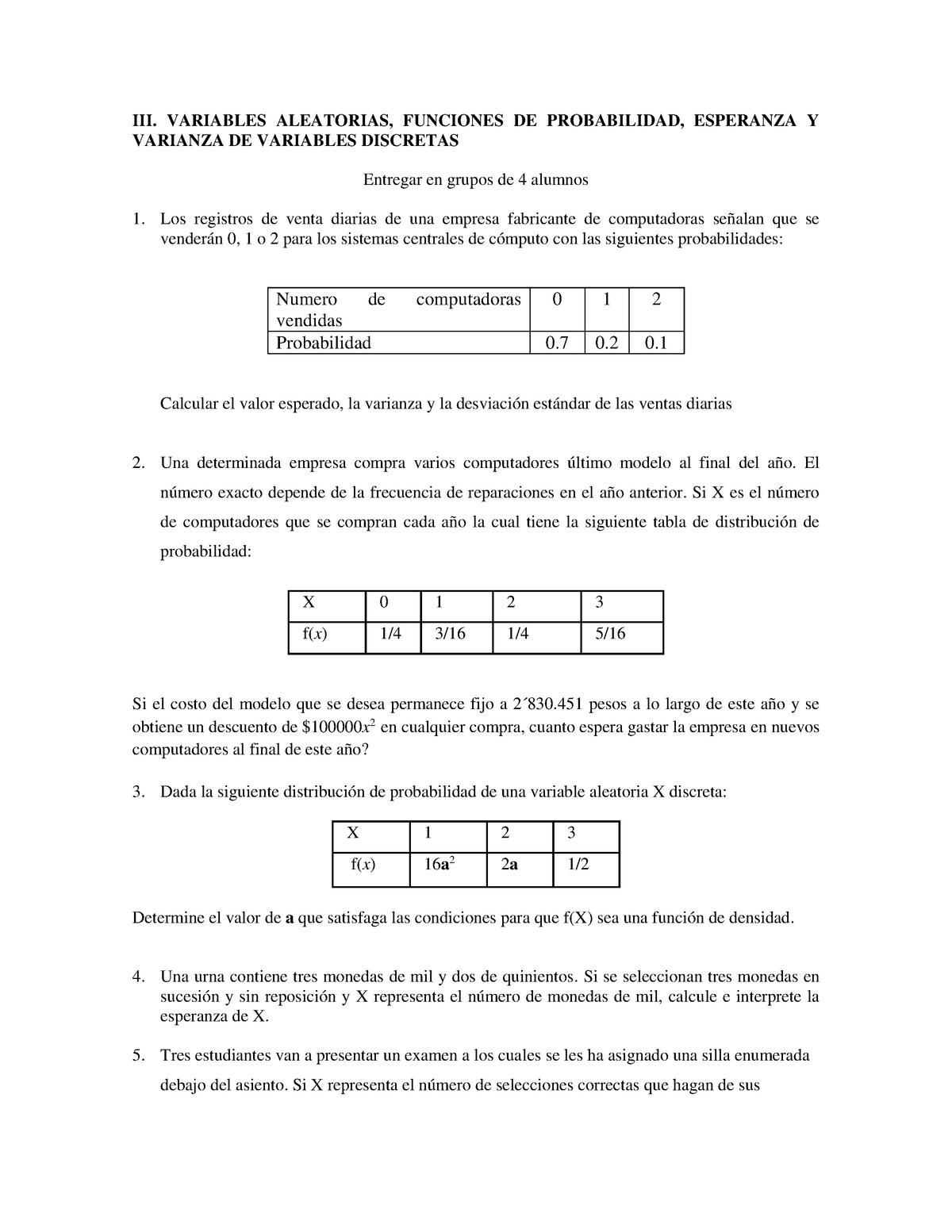 Taller Variables Aleatorias - VARIABLES ALEATORIAS, FUNCIONES DE ...