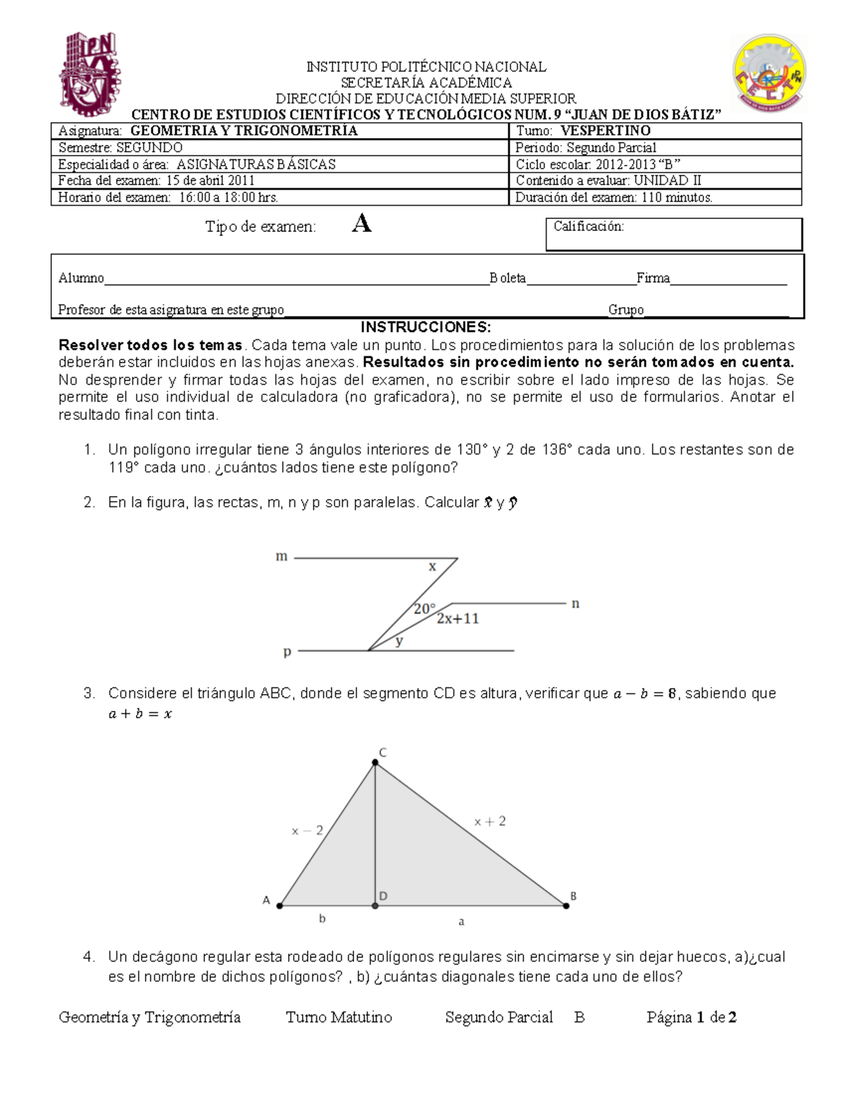 Examenes De Trigonometria De Cecyt 9 - Geometría Y Trigonometría Turno ...