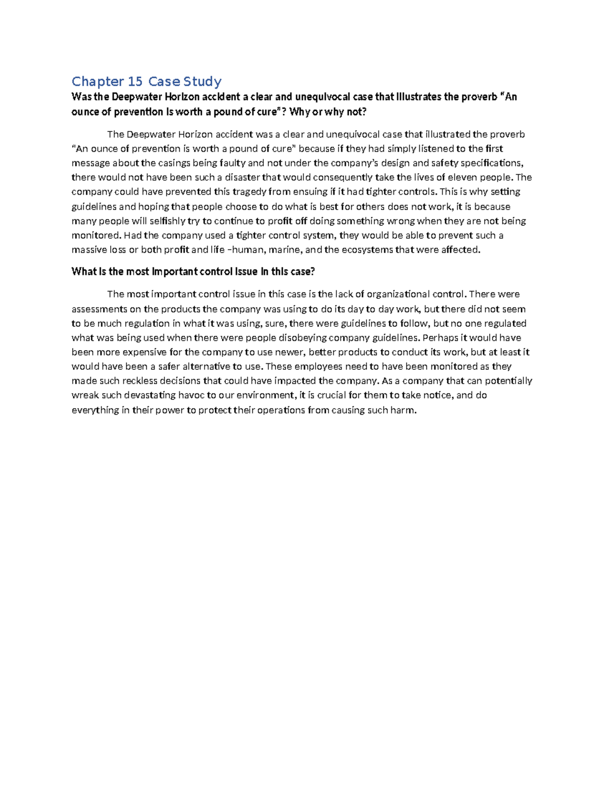 Chapter 15 Case Study - Chapter 15 Case Study Was the Deepwater Horizon ...