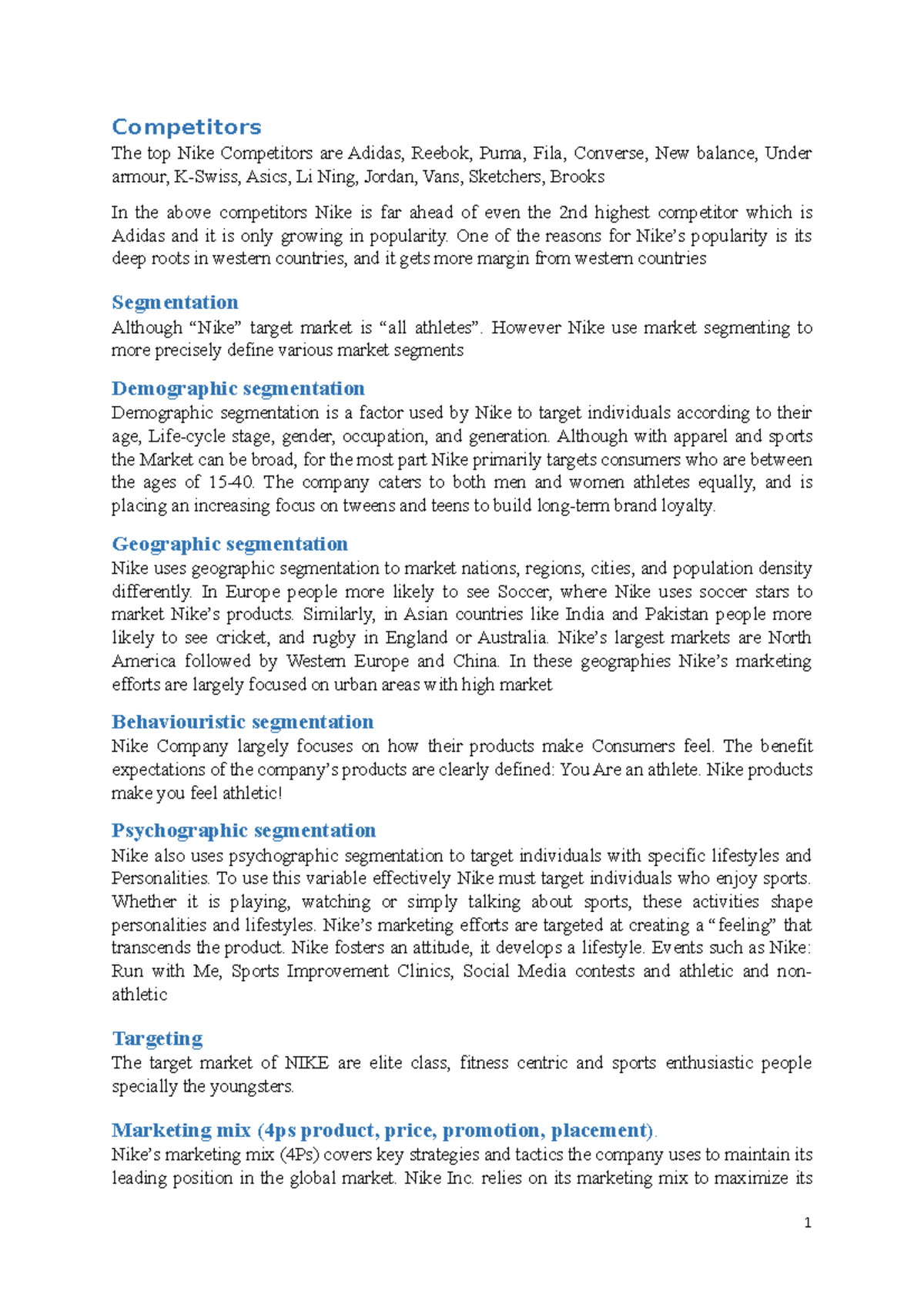 Marketing mix 4ps analysis of NIKE Inc - Competitors The top Nike ...