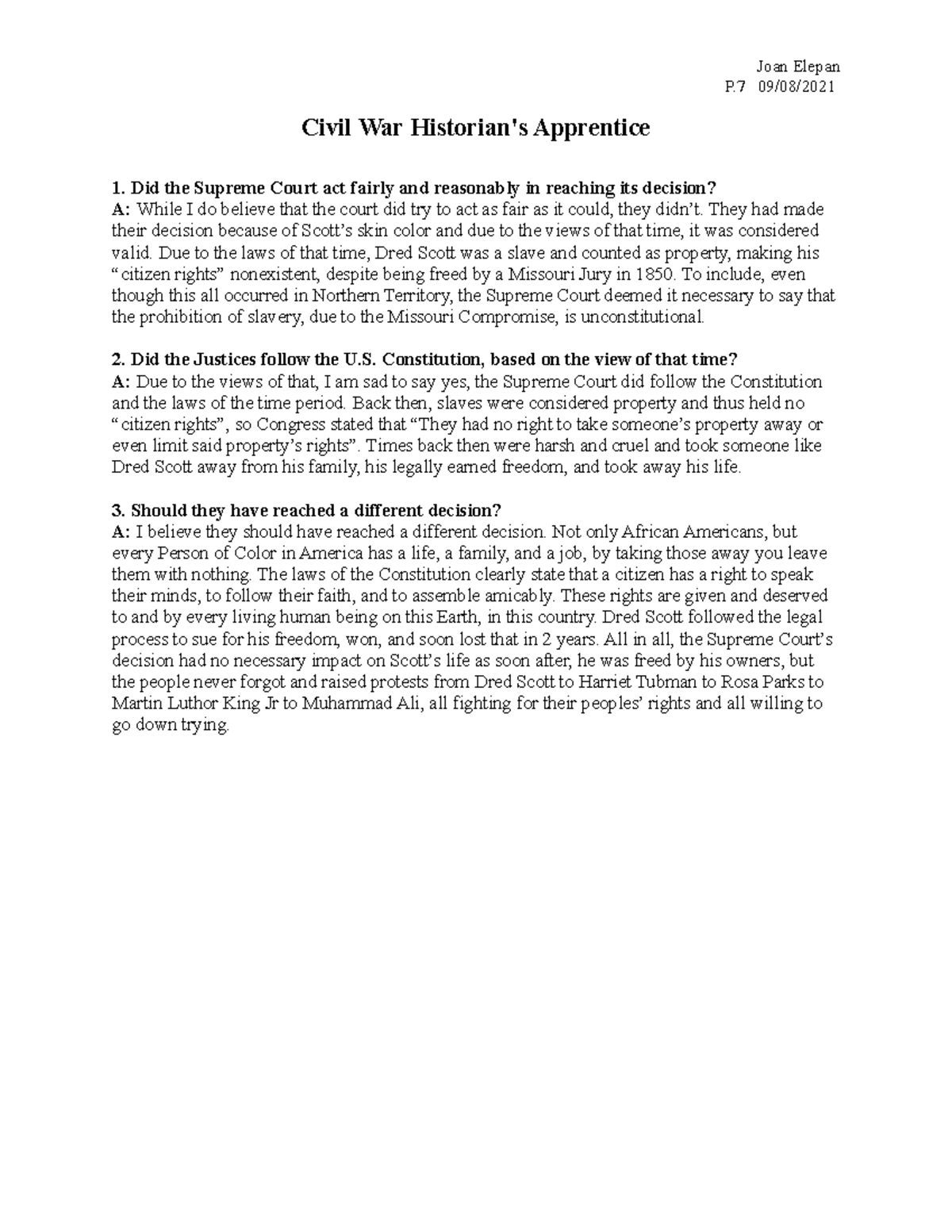 The Civil War Historian's Apprentice Questions - Joan Elepan P 09/08/ Civil War Historian's ...