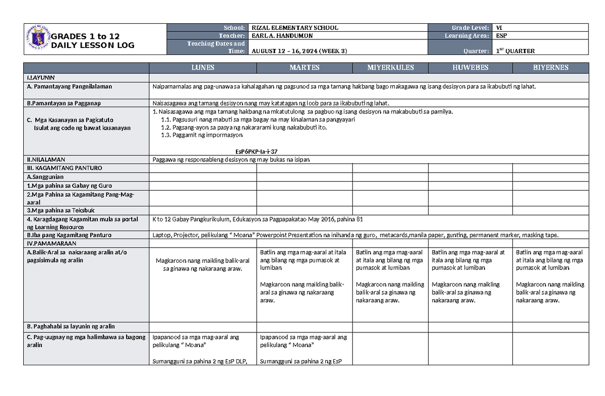 DLL ESP 6 Q1 W3 EARL - Just explore. - GRADES 1 to 12 DAILY LESSON LOG ...