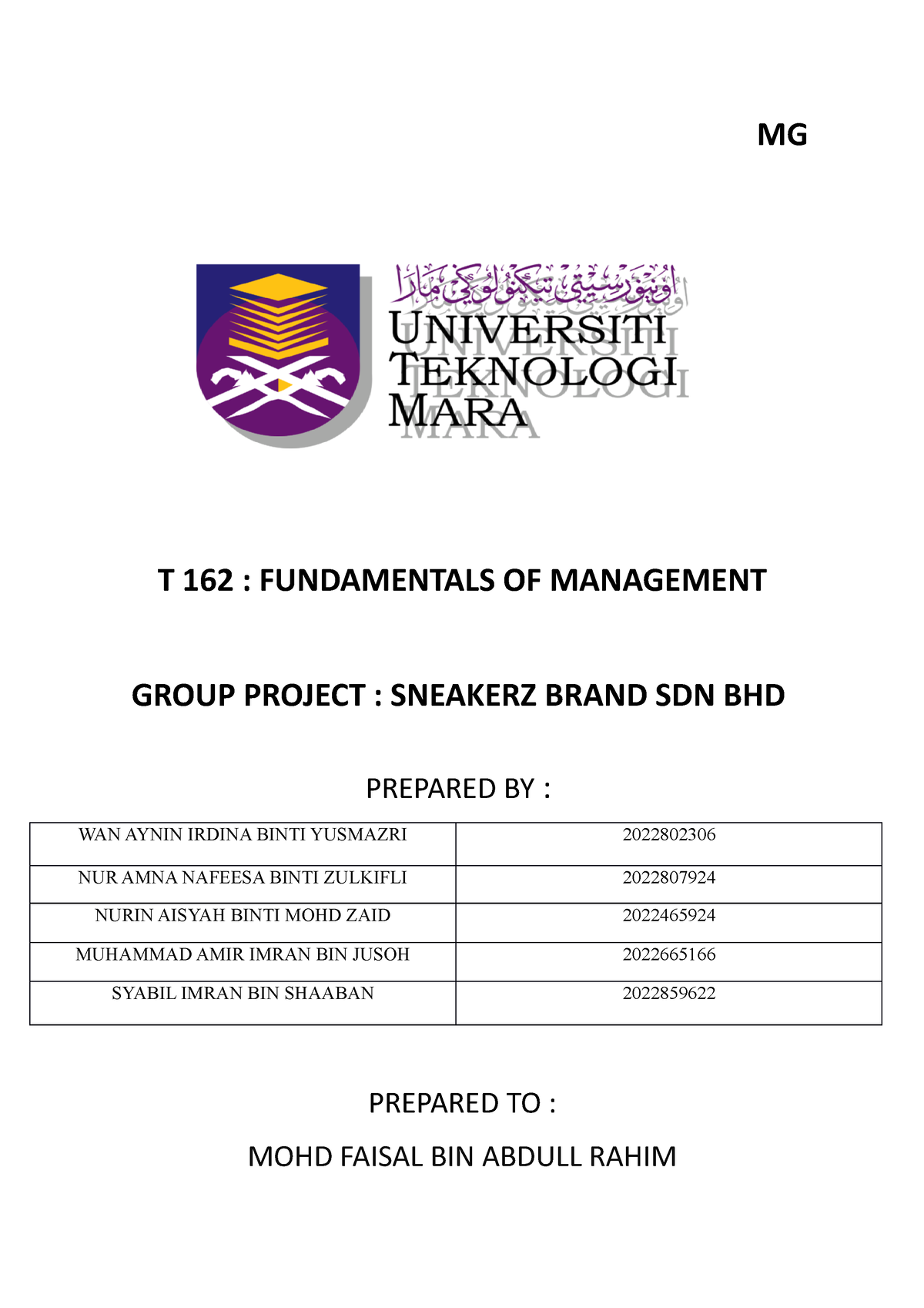 Assignment MGT Grouping 2 - MG T 162 : FUNDAMENTALS OF MANAGEMENT GROUP ...