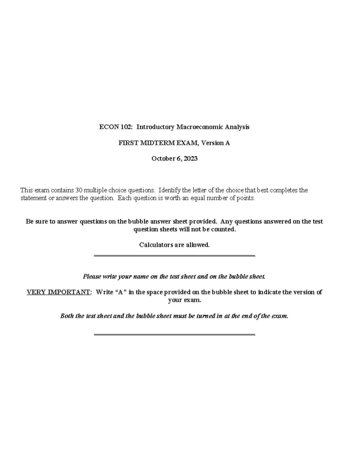 2 Ec 102, Fall 2023, Midterm 1, Version A - ECON 102: Introductory ...
