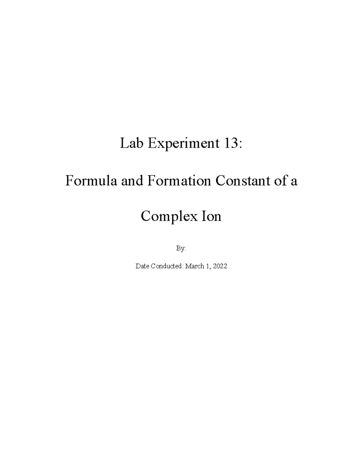 Lab Experiment 13: Formula and Formation Constant of a Complex Ion ...