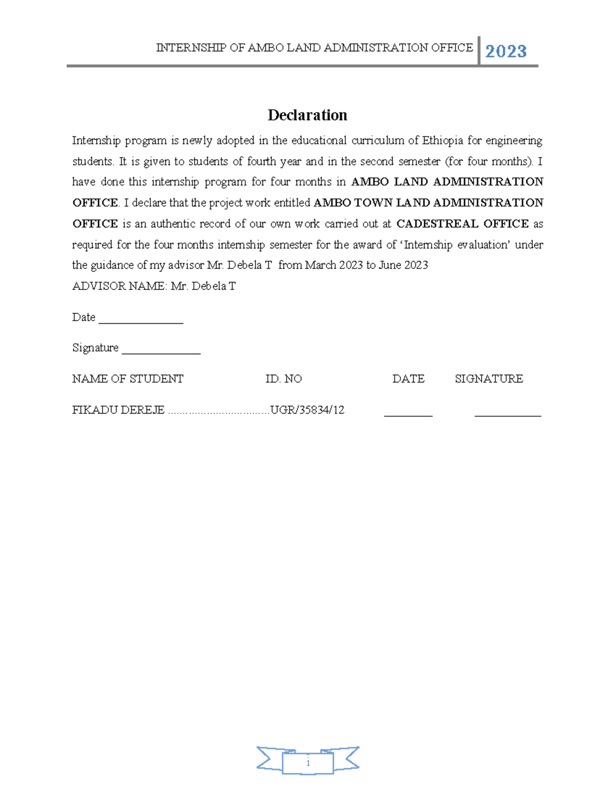 Fikadu D Finall Interniship 123432 - i 2023 Declaration Internship ...
