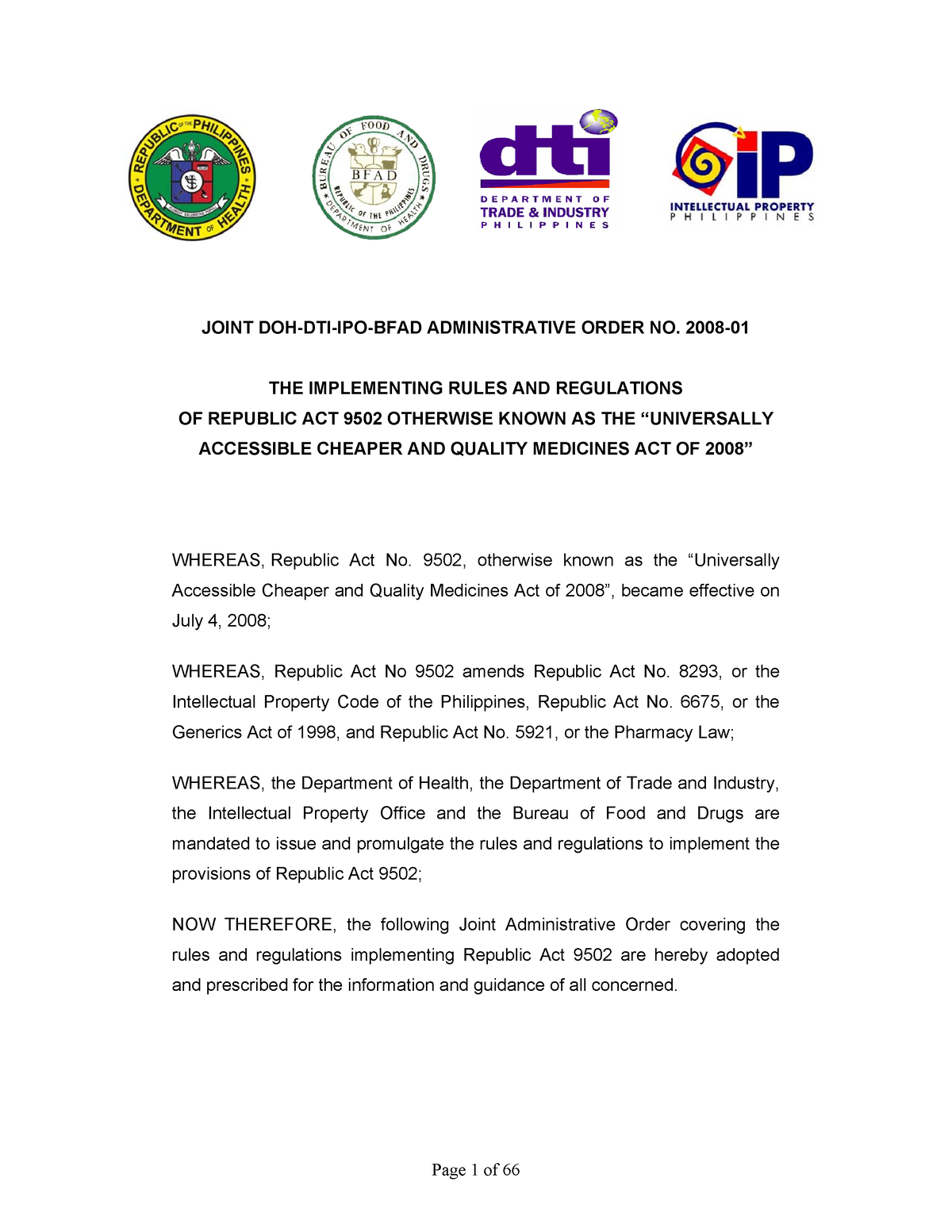 RA 9502 - Ra 9502 - JOINT DOH-DTI-IPO-BFAD ADMINISTRATIVE ORDER NO ...