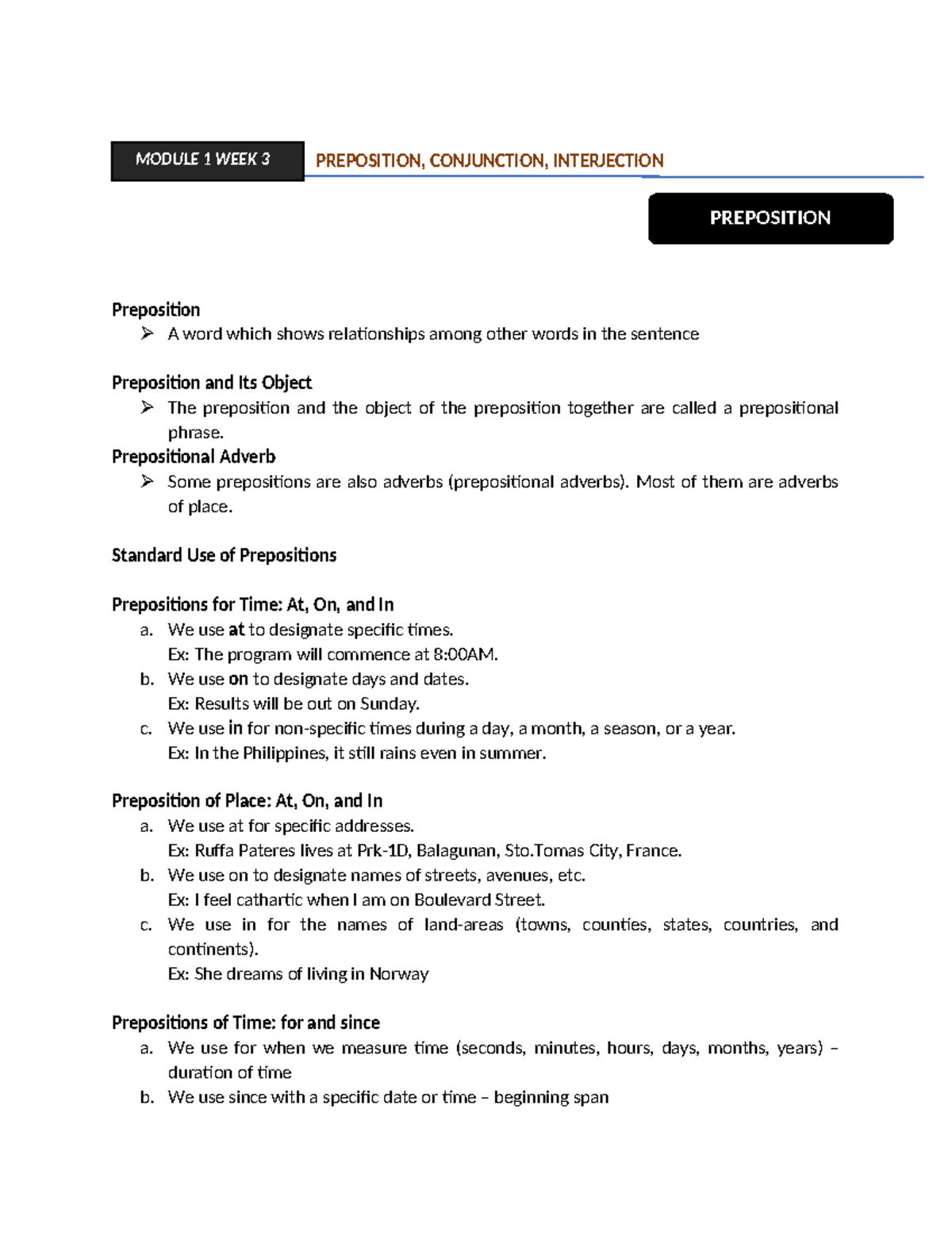 the teaching hallmarks - 1. PREPOSITION, CONJUNCTION, INTERJECTION ...