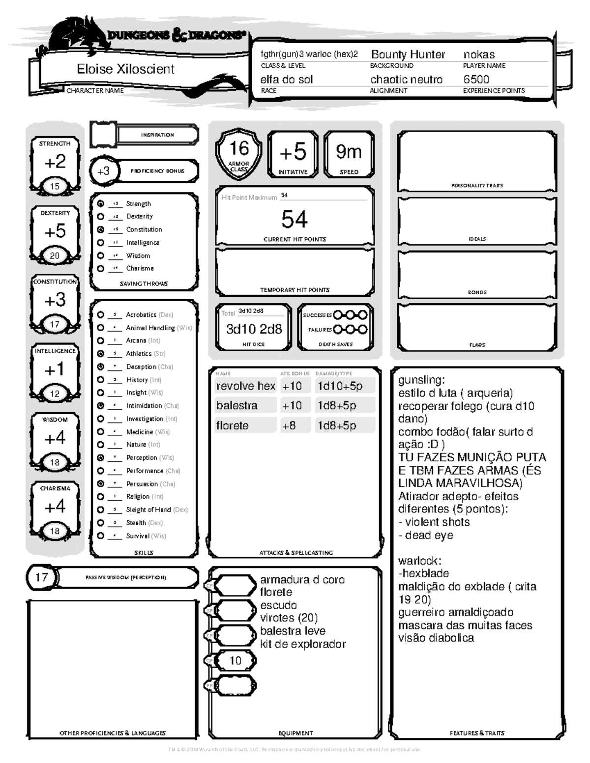 5E Character Sheet Fillable - Copia 1feloise - CHARACTER NAME RACECLASS ...
