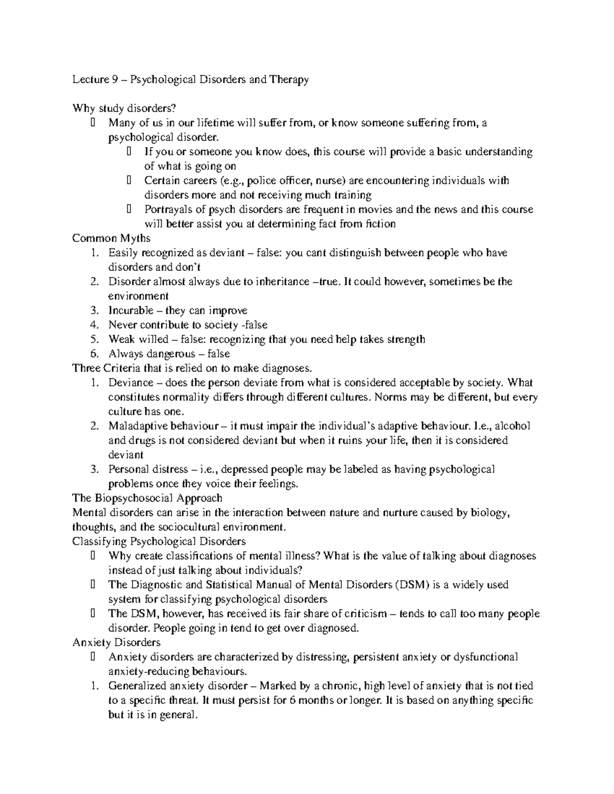 PSYCH 1000U Lecture 9 Lecture 9 Psychological Disorders and