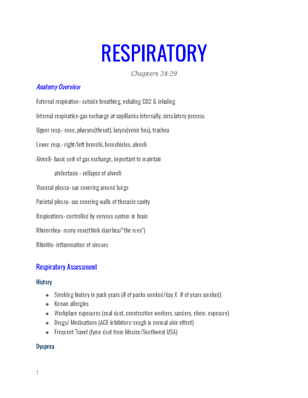 Respiratory - NUR 105 RESIRATORY OUTLINE - RESPIRATORY Chapters 24 ...