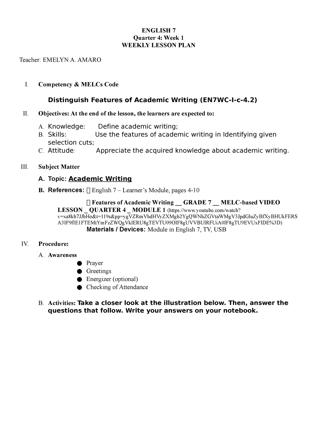 English 7-lesson Plan-Q4-W1 - ENGLISH 7 Quarter 4: Week 1 WEEKLY LESSON ...