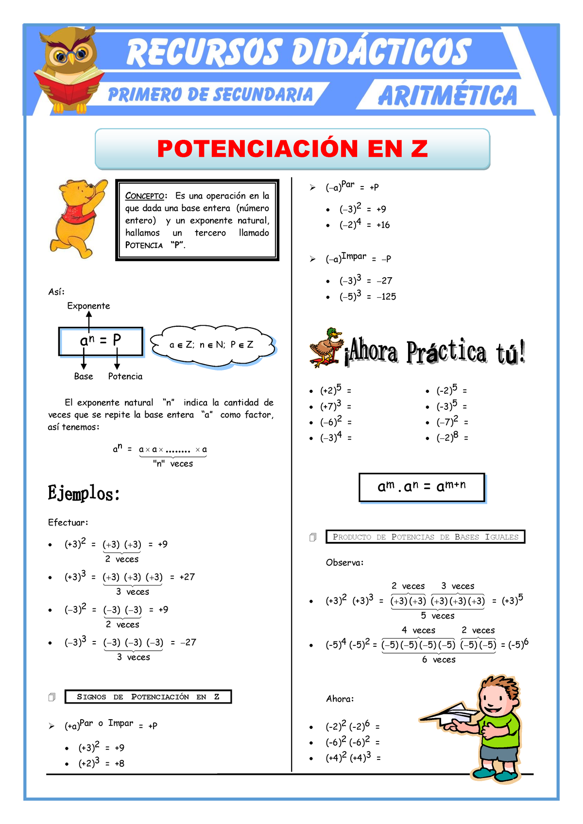 Potenciación De Números Enteros Para Primero De Secundaria - POTENCIACI ...