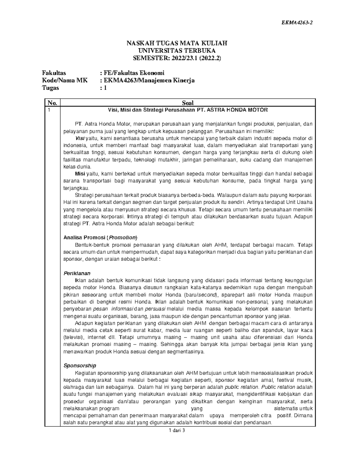 Soal Ekma4263 Tmk1 2 - Manajemen Kinerja - EKMA4263- 1 Dari 3 NASKAH ...