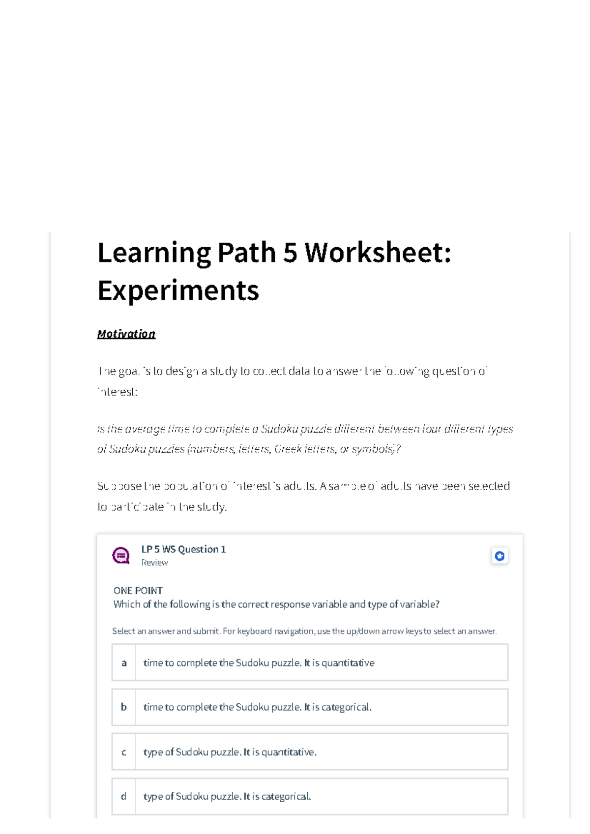 Lp 4 worksheet - Learning Path 5 Worksheet: Experiments Motivation The ...