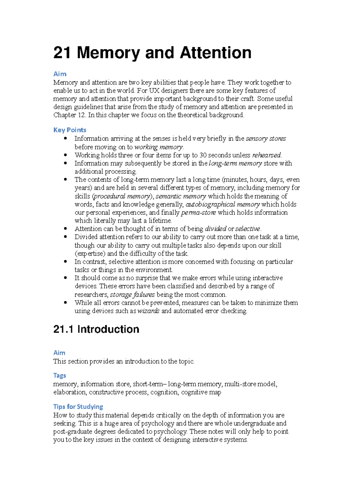 Study Notes Ch 21 - 21 Memory and Attention Aim Memory and attention ...
