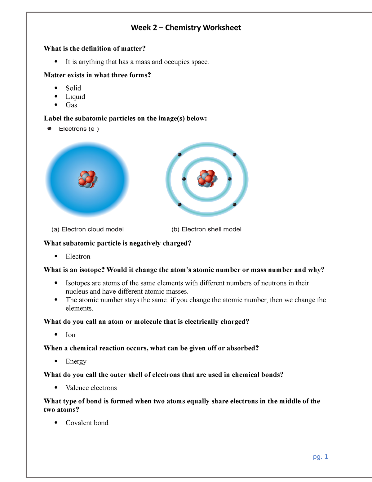 Week 2 Chemistry Worksheet - What is the definition of matter? It is ...
