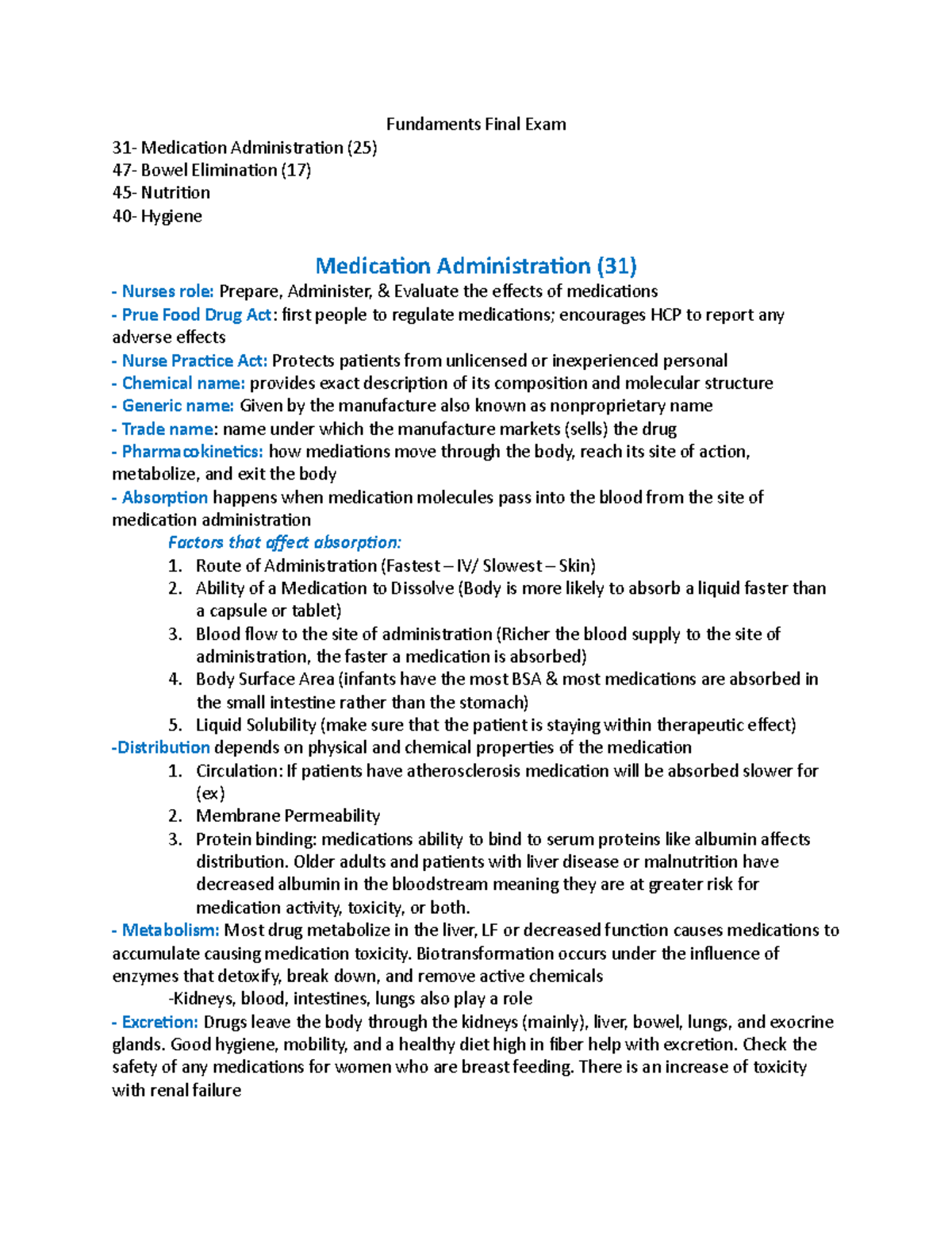 Fundaments Final Exam notes - Fundaments Final Exam 31- Medication ...